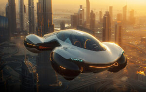 Futuristic air taxi flying over city.