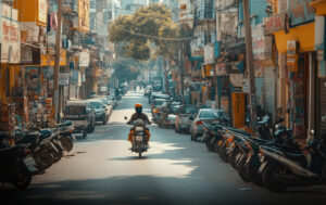 Man driving a two-wheeler motorbike down a street in Jakarta, Indonesia.
